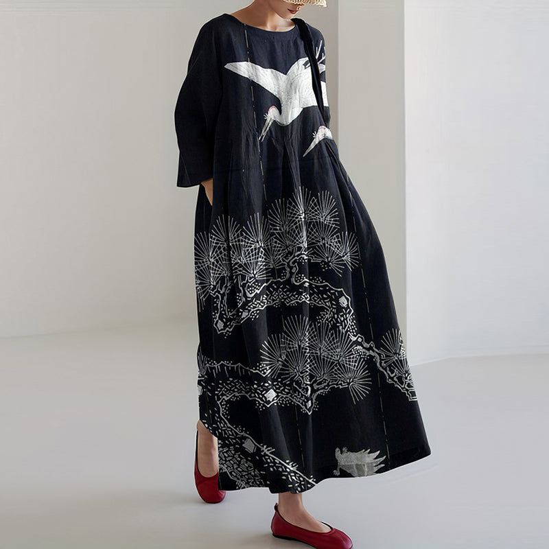 Comstylish Vintage Japanese Crane Pine Art Print Casual Midi Dress