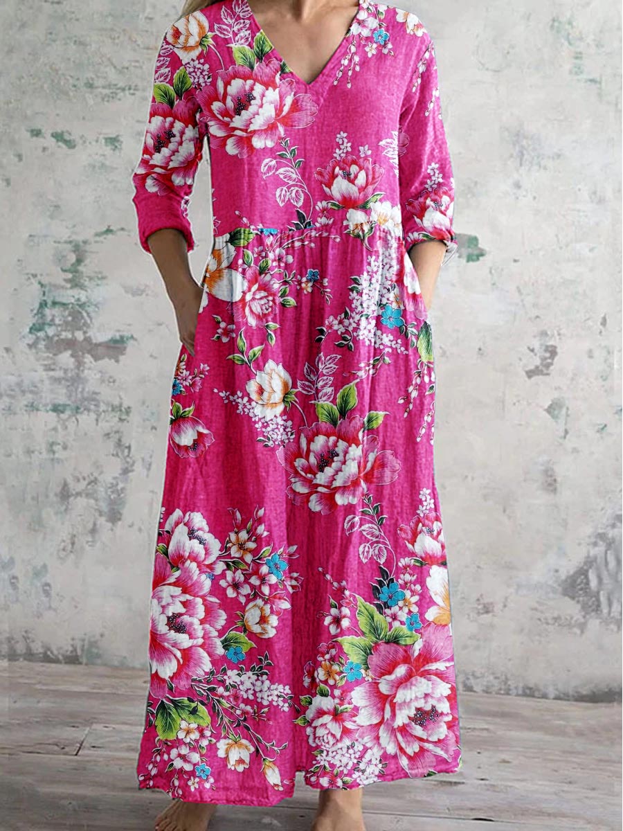 Women's Retro Floral Pattern Cotton And Linen Dress