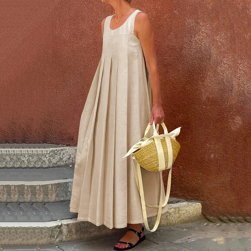 Women's Simple Wrinkled Solid Cotton And Linen Sleeveless Loose Long Dress artswardrobe