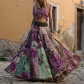 Boho Vintage Purple Roses Patchwork Flowy Wide Skirt artswardrobe