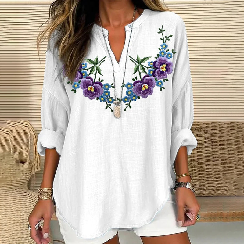 Comstylish Women's Purple Flower Art Print V Neck Long Sleeve Casual Shirt