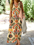 Women's Elegant Floral Cotton and Linen Loose Tank Top Dress