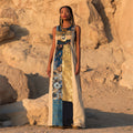 Dragonfly Floral Patchwork Art Women's Linen Round Neck Vest Maxi Dress artswardrobe