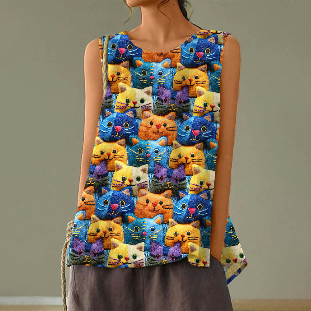 Women's Pop Art Embroidered Cat Print Tank Top elevenforest