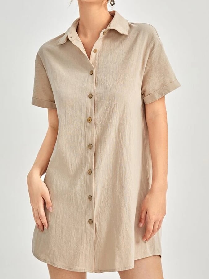 Women's Cotton Linen Lapel Loose Short Sleeve Dress