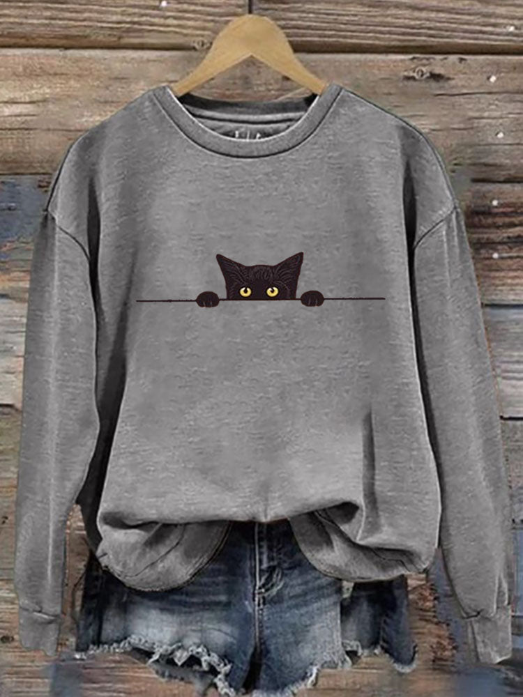 Women's Casual Funny Black Cat Print Sweatshirt elevenforest