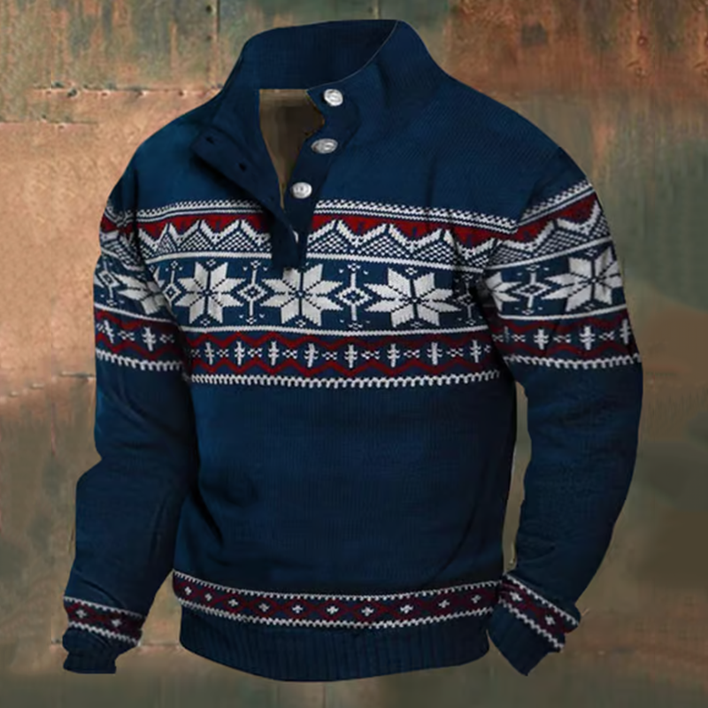 Comstylish Men's Christmas Snowflake Pattern Stand Collar Button Sweatshirt