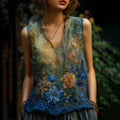 Vintage Oil Painting Floral Embroidered Contrast Flowy Linen Sleeveless Top