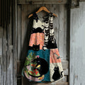 Vintage Cute Cats Patchwork Art Linen Blend Tank Dress artswardrobe