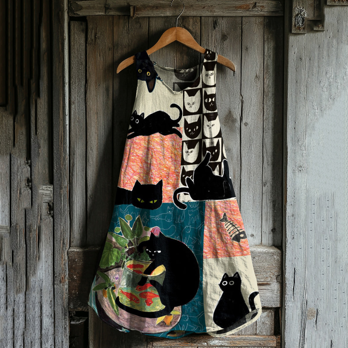 Vintage Cute Cats Patchwork Art Linen Blend Tank Dress artswardrobe