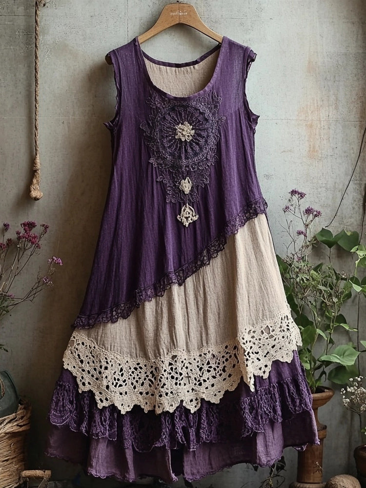 Retro Lace Patchwork Comfy Linen Tank Dress artswardrobe