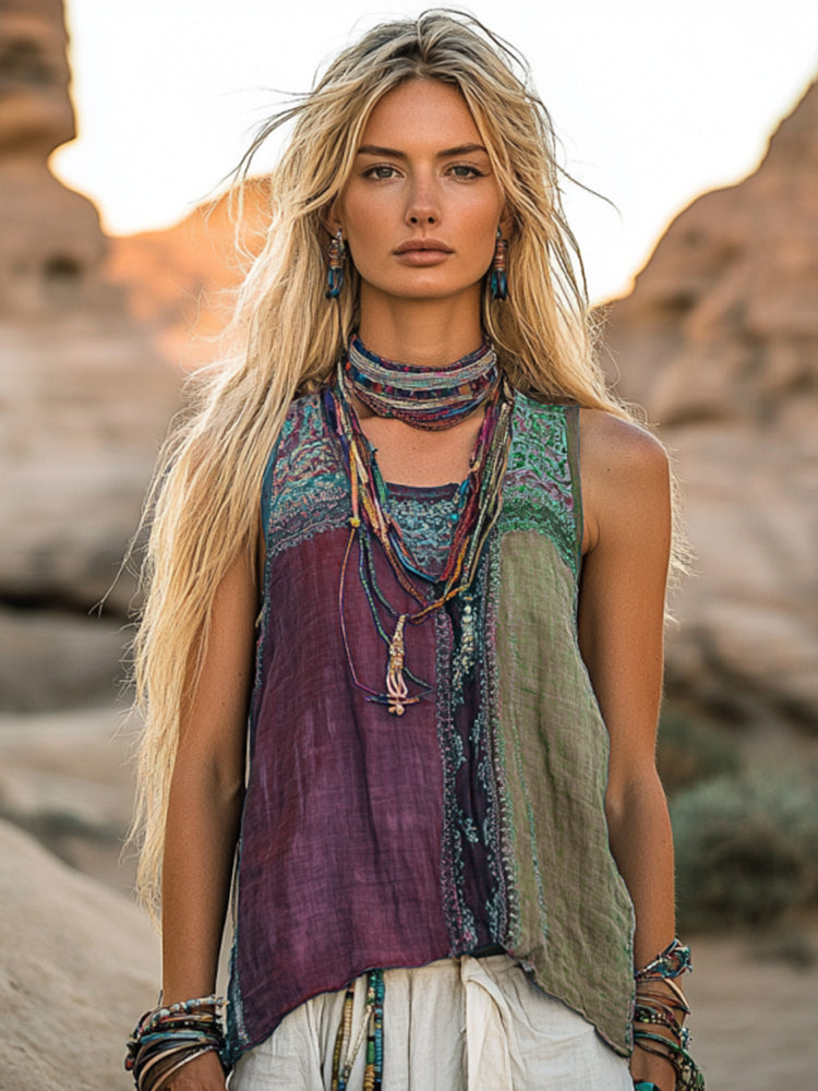 Women's Bohemia Ethnic Patchwork Style Linen Sleeveless Top artswardrobe