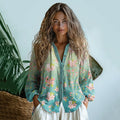 Bohemian Style Linen Sakura Blossom Waves Art Print Long Sleeve Shirt artswardrobe