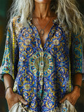 Women's Vintage Ethnic Floral Art Print Casual Cotton Linen Shirt