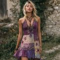 Vintage Boho Floral Embroidered Purple Patchwork Linen Mini Dress artswardrobe