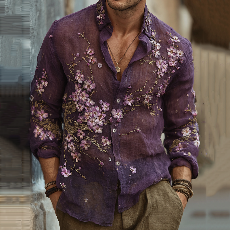 Men's Vintage Japanese Sakura Embroidered Art Lapel Long Sleeve Linen Shirt artswardrobe