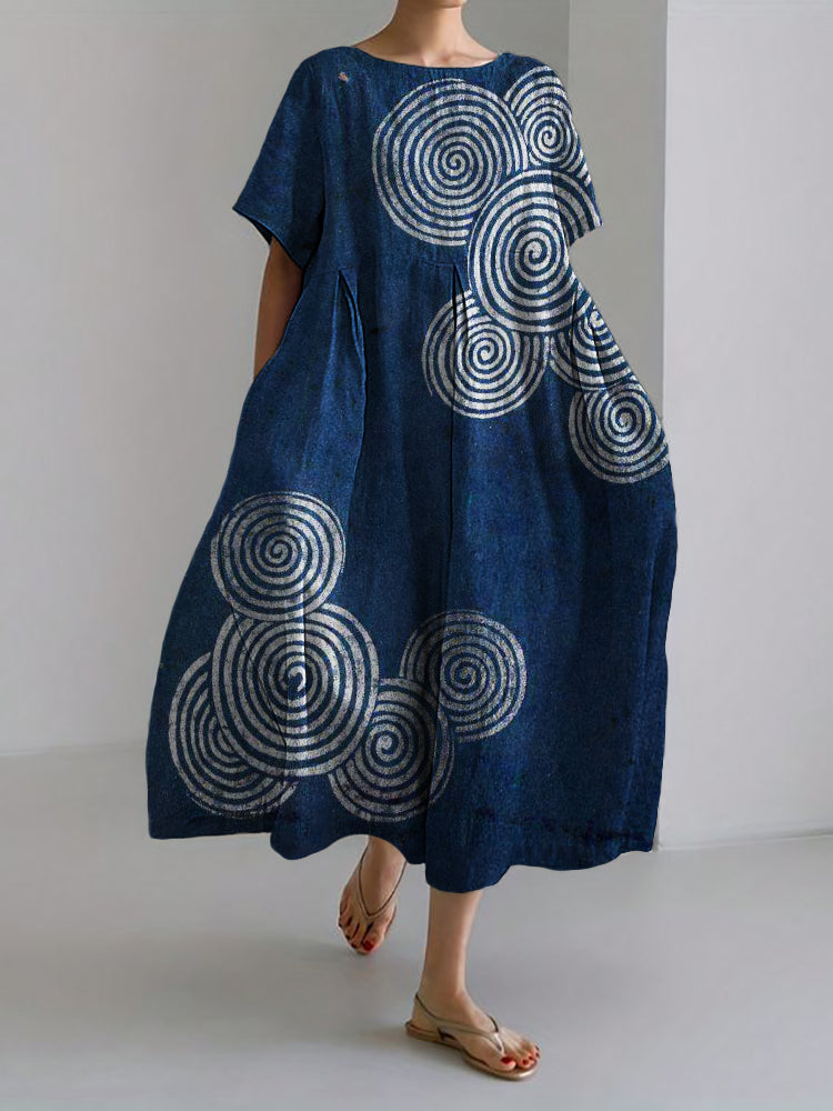 Comstylish Sea Waves Ripples Japanese Lino Art Linen Blend Maxi Dress