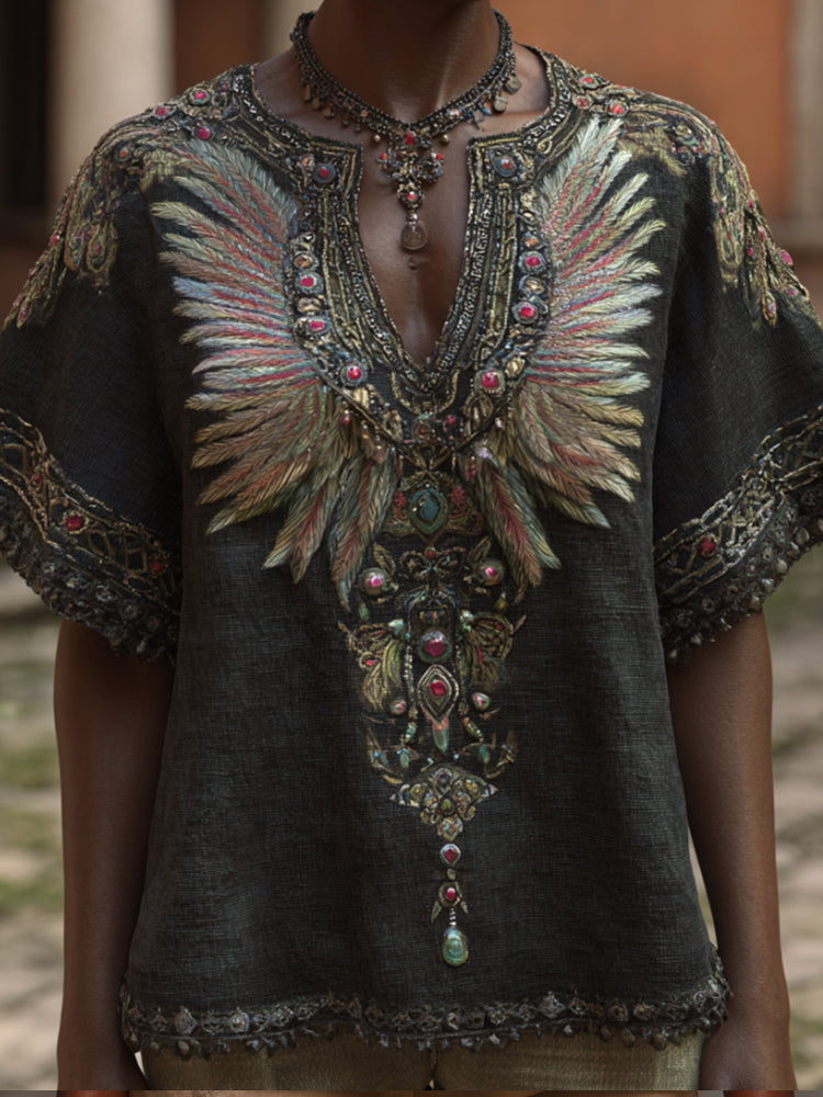 Western-style Bright-colored Feather Wings With Three-dimensional Embroidery Pattern, Bead Embroidery, V-neck, Black Short-sleeved Top artswardrobe