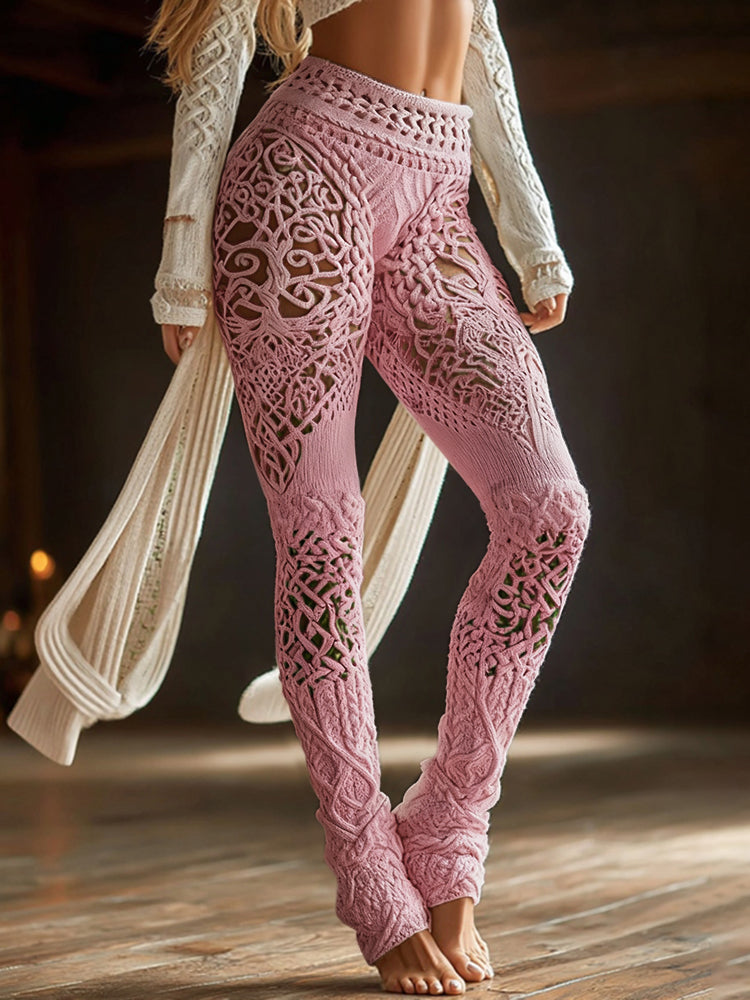 Vintage Viking Gradient Celtic Knot Art Knit Cozy Casual Leggings artswardrobe