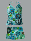 V-Neck Cyan Vintage Ethnic Circle Flower Print Suspender Skirt Tankini Pantskirt Set Swimsuit