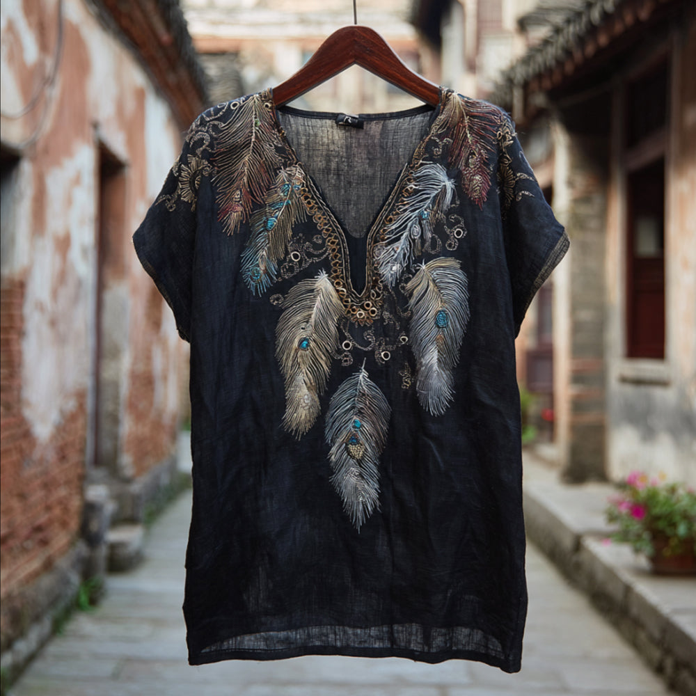 Western-style Feather Gem Element Tie-dye Vintage V-neck Linen Thin Short-sleeved Shirt artswardrobe