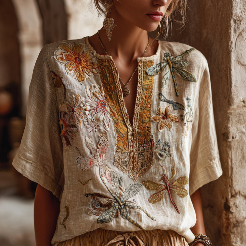 Bohemian Style Knitted Dragonfly Loose Short-sleeved V-neck Top artswardrobe
