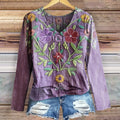 Women's Vintage Ethnic Floral Art Print Casual V-neck Long Sleeve T-sh