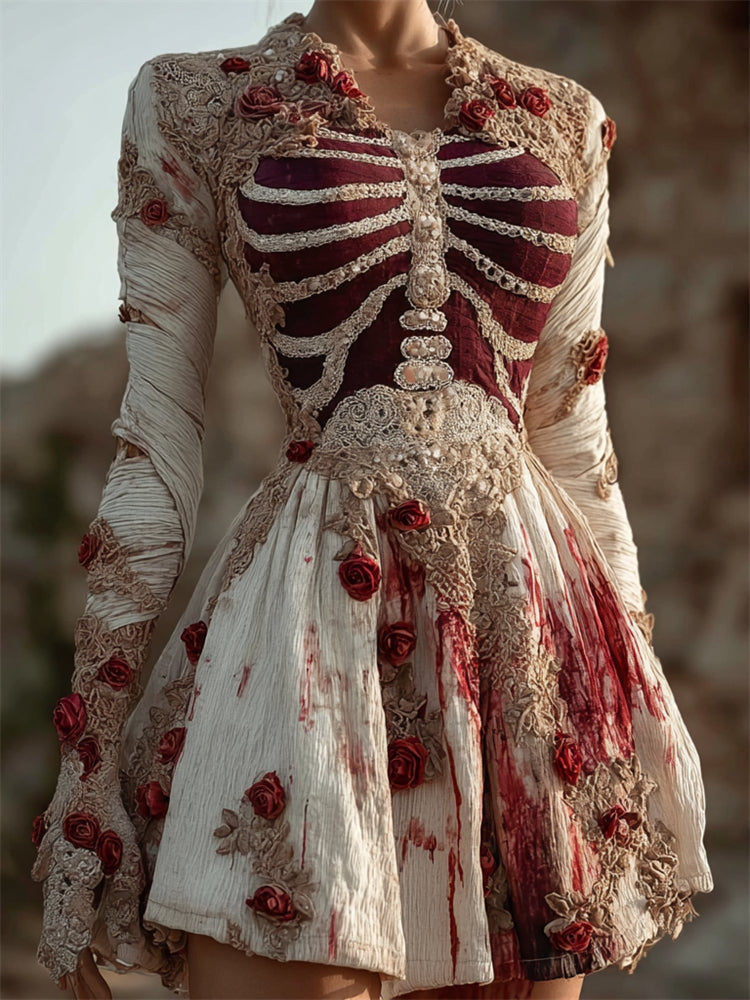 Comstylish Halloween Rib Cage Bloody Floral Bandages Linen Mini Dress