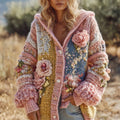 Women's Vintage Floral Chunky Knit Warm Hooded Cardigan Sweater artswardrobe