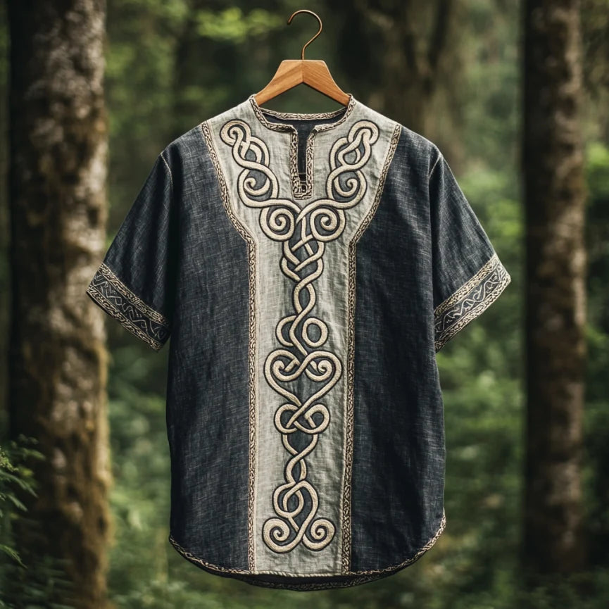 Men's Viking Celtic Embroidery Art Linen Shirt artswardrobe