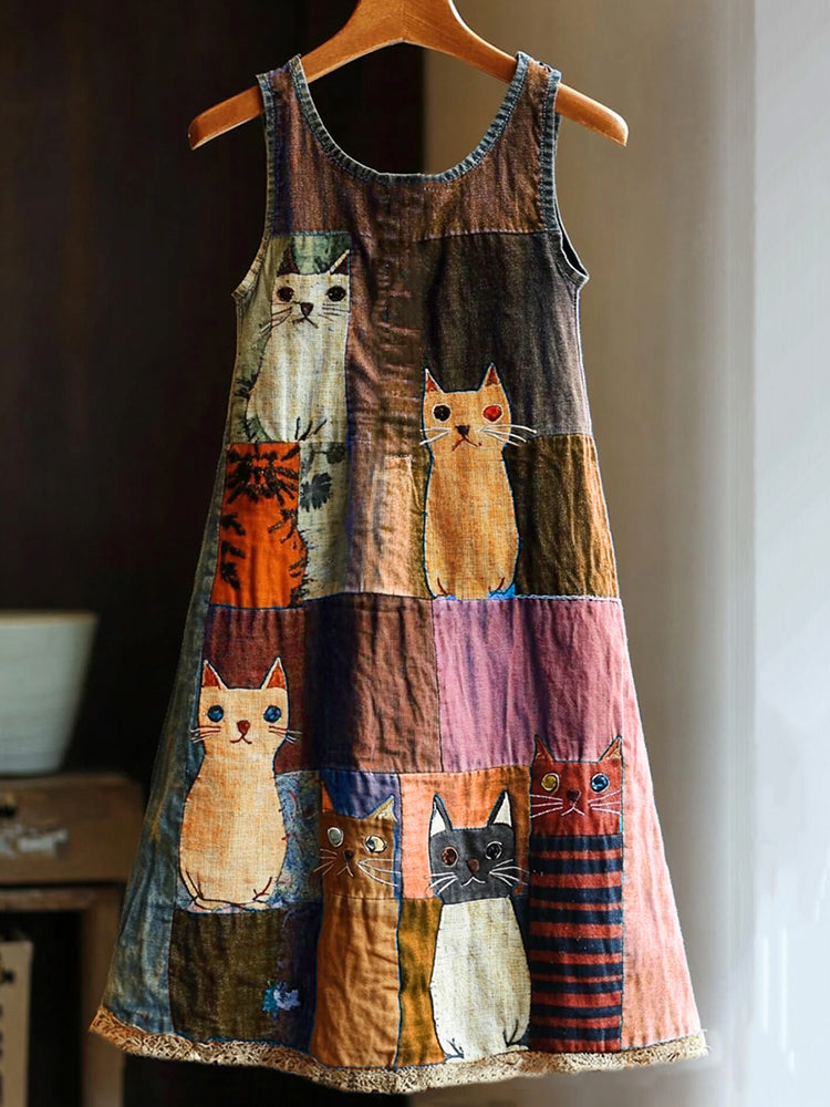 Casual Pop Art Patchwork Denim Cat Dress elevenforest