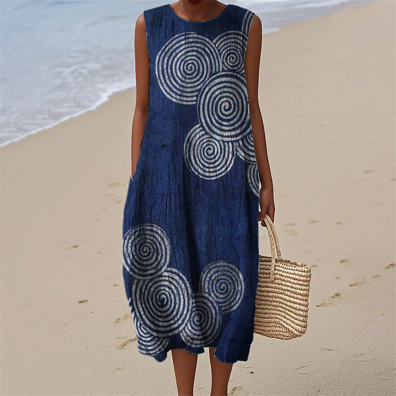 Comstylish Ripples Japanese Lino Art Flowy Linen Tank Dress