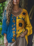 Ethnic Sunflowers Embroidered Contrast Color Linen Tunic artswardrobe