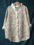 Comstylish Boho Rose Print Ruffled Linen Shirt