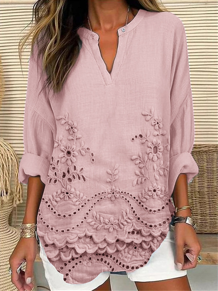 Comstylish Cottage Floral Embroidered Lace Hem Linen Blend Tunic