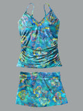 V-Neck Vintage Multicolor Flowers Art Print Suspender Skirt Tankini Pantskirt Set Swimsuit