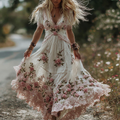 Vintage Floral Embroidery Art Women's Comfy Linen Maxi Dress artswardrobe