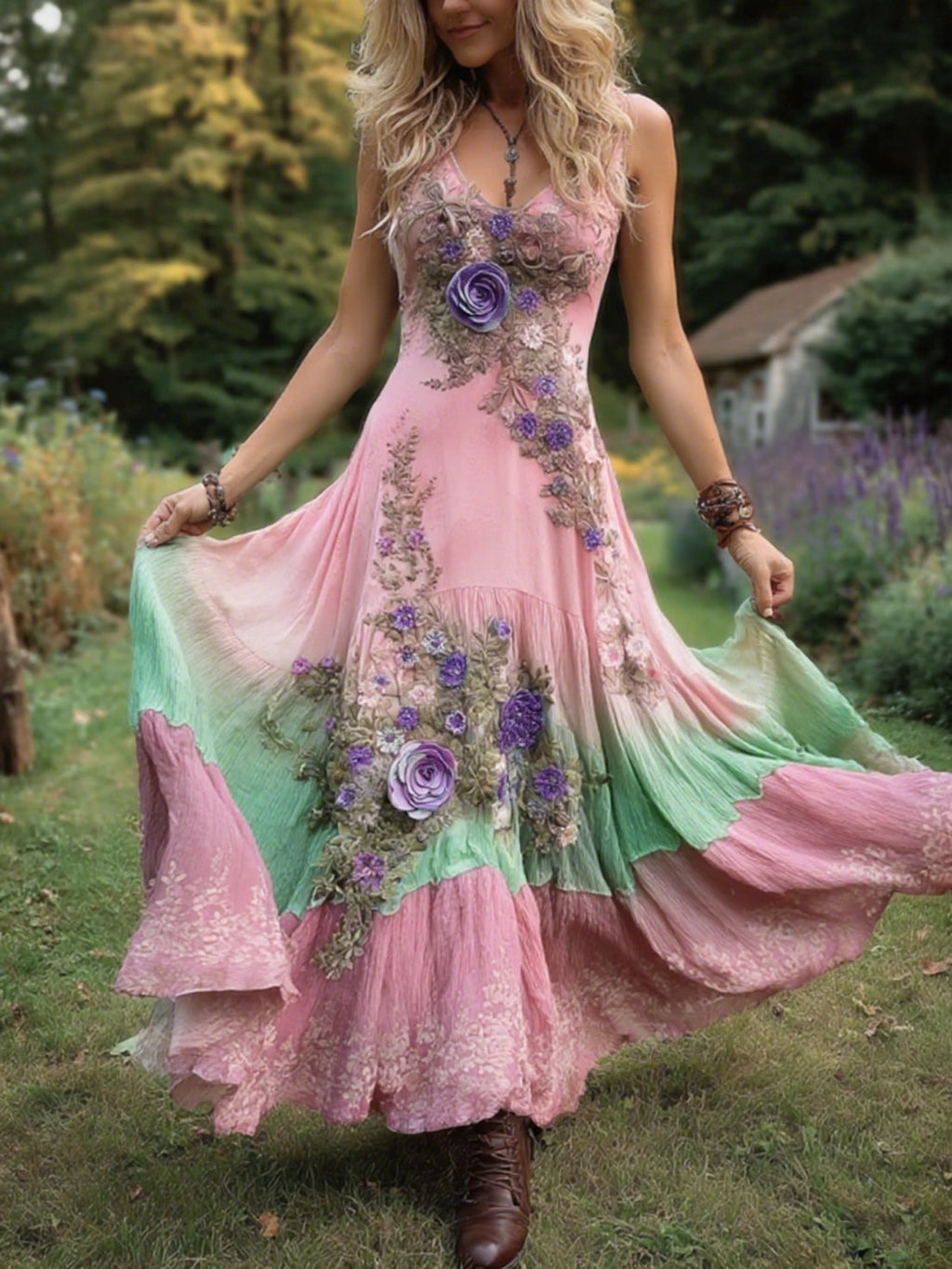 Classy Gradient Purple Lavender And Floral Embroidered Linen Maxi Dress artswardrobe