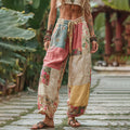 Vintage Retro Rose And Floral Patchwork Art Linen Pants artswardrobe