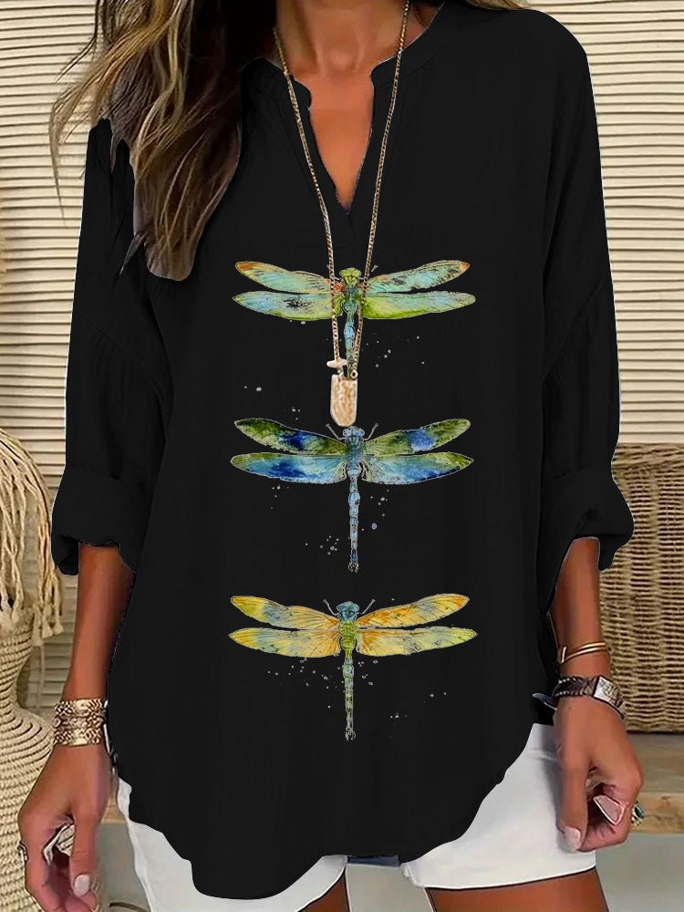 Comstylish Women's Dragonfly Print Casual Shirt