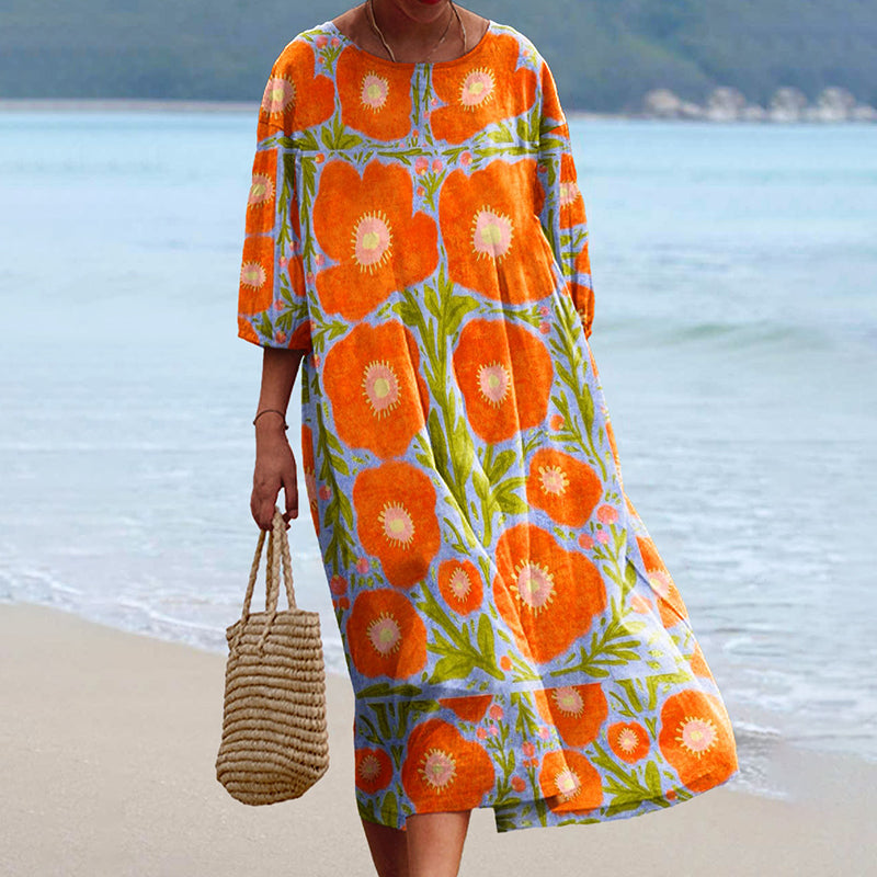 Women's Vintage Flowers Art Print Flowy Cotton Crew Neck Dress artswardrobe
