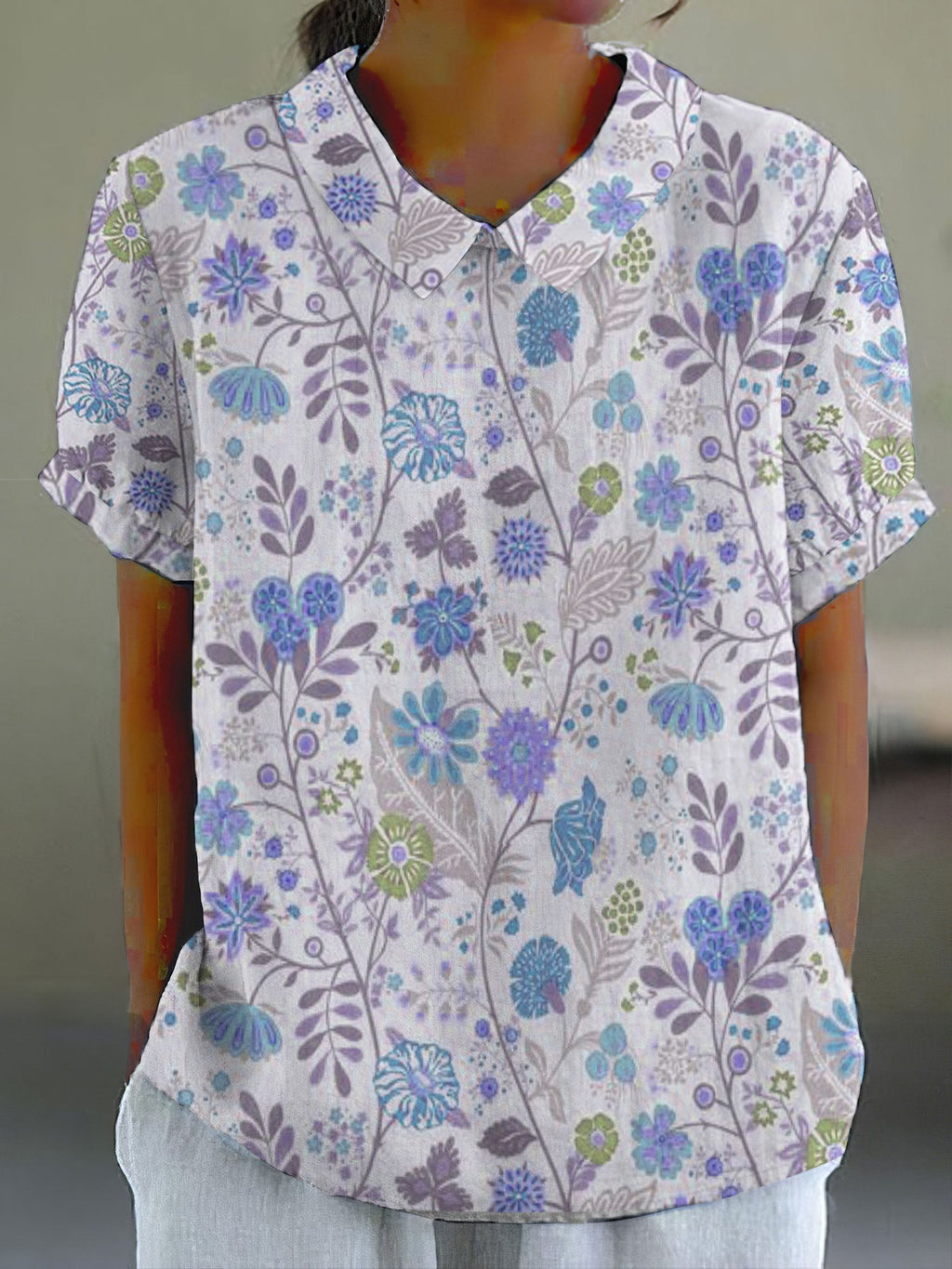 Comstylish Women's Pastoral Floral Art Print Casual Cotton Linen Shirt