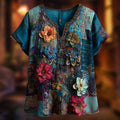 Stereoscopic Embroidery Flower Ethnic Style Vintage Tie-dye V-neck Short-sleeved Shirt artswardrobe