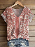 Women's Vintage Ethnic Floral Art Print V-neck Casual T-Shirt