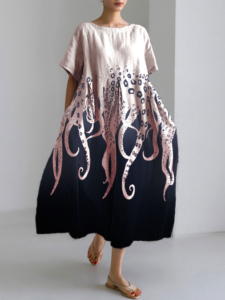 Comstylish Ocean Octopus Japanese Art Linen Blend Casual Dress