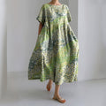Comstylish Japanese Art Floral Chiyogami Painting Print Linen Blend Dress
