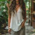 Women's Ethnic Style Linen V-neck Sleeveless Top artswardrobe