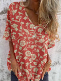 Women's Elegant Floral Pattern Shirt Style Cotton and Linen Top