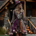 Comstylish Women's Halloween Rose And Skull Casual Midi Dress