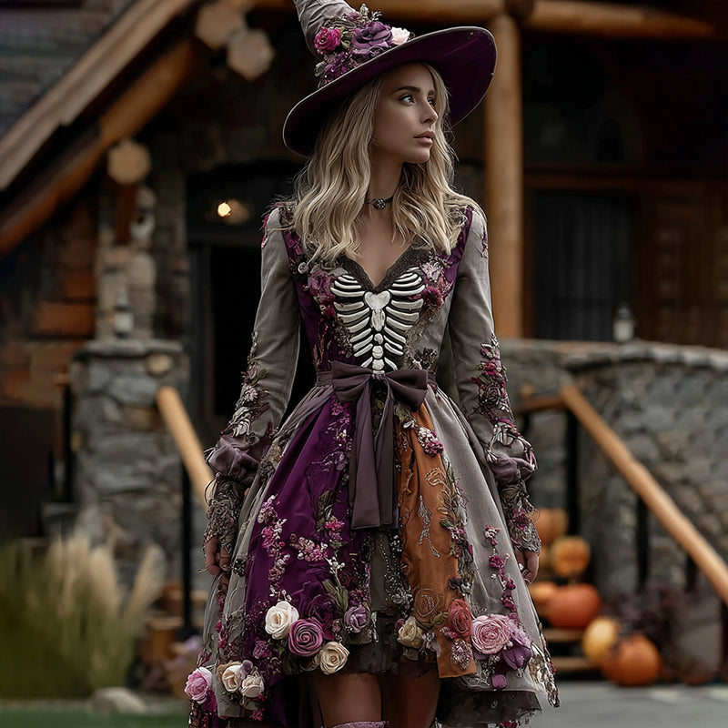 Comstylish Women's Halloween Rose And Skull Casual Midi Dress